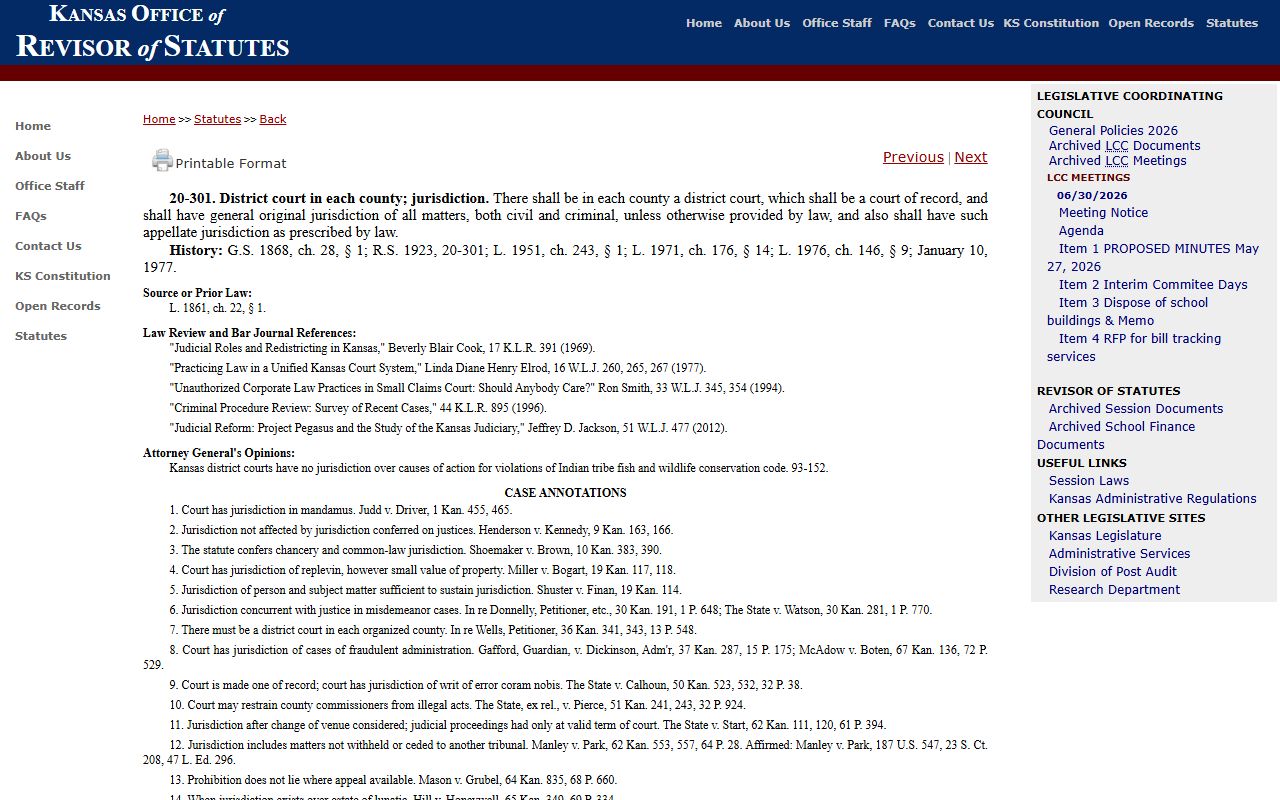 Rice County probate records K.S.A. 20-301 district court jurisdiction